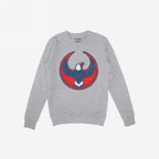 Light-gray USA Rebel Alliance crewneck sweatshirt featuring a bold red, navy, and white circular eagle graphic, symbolizing defiant patriotism and protest, perfect for those questioning America's path.