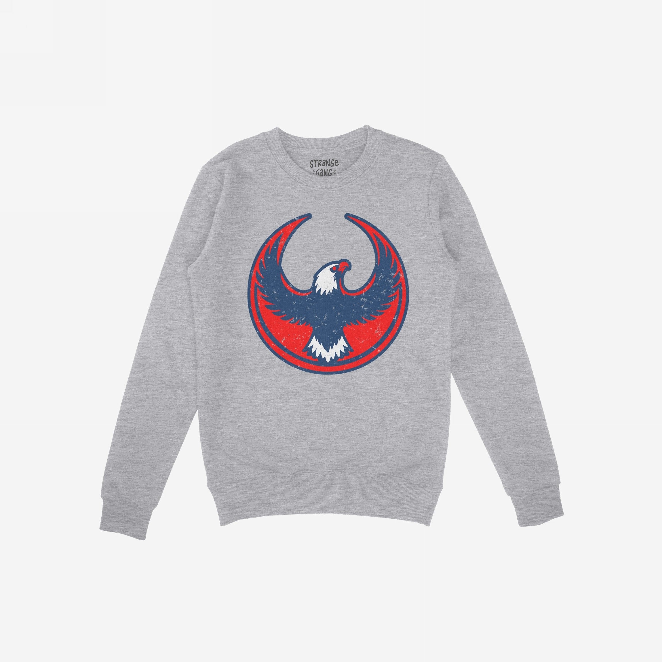 Light-gray USA Rebel Alliance crewneck sweatshirt featuring a bold red, navy, and white circular eagle graphic, symbolizing defiant patriotism and protest, perfect for those questioning America's path.