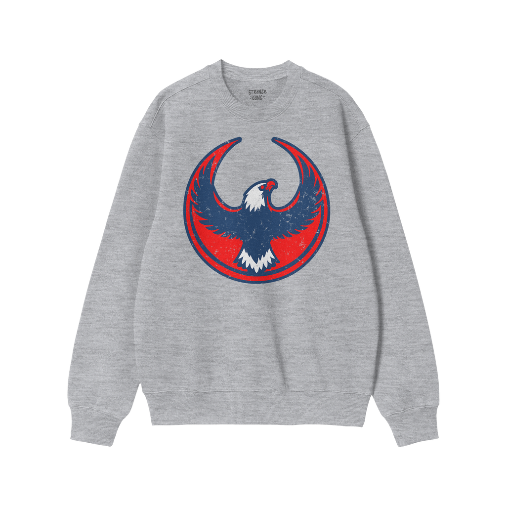Light-gray USA Rebel Alliance crewneck sweatshirt featuring a bold red, navy, and white circular eagle graphic, symbolizing d