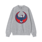 Light-gray USA Rebel Alliance crewneck sweatshirt featuring a bold red, navy, and white circular eagle graphic, symbolizing d