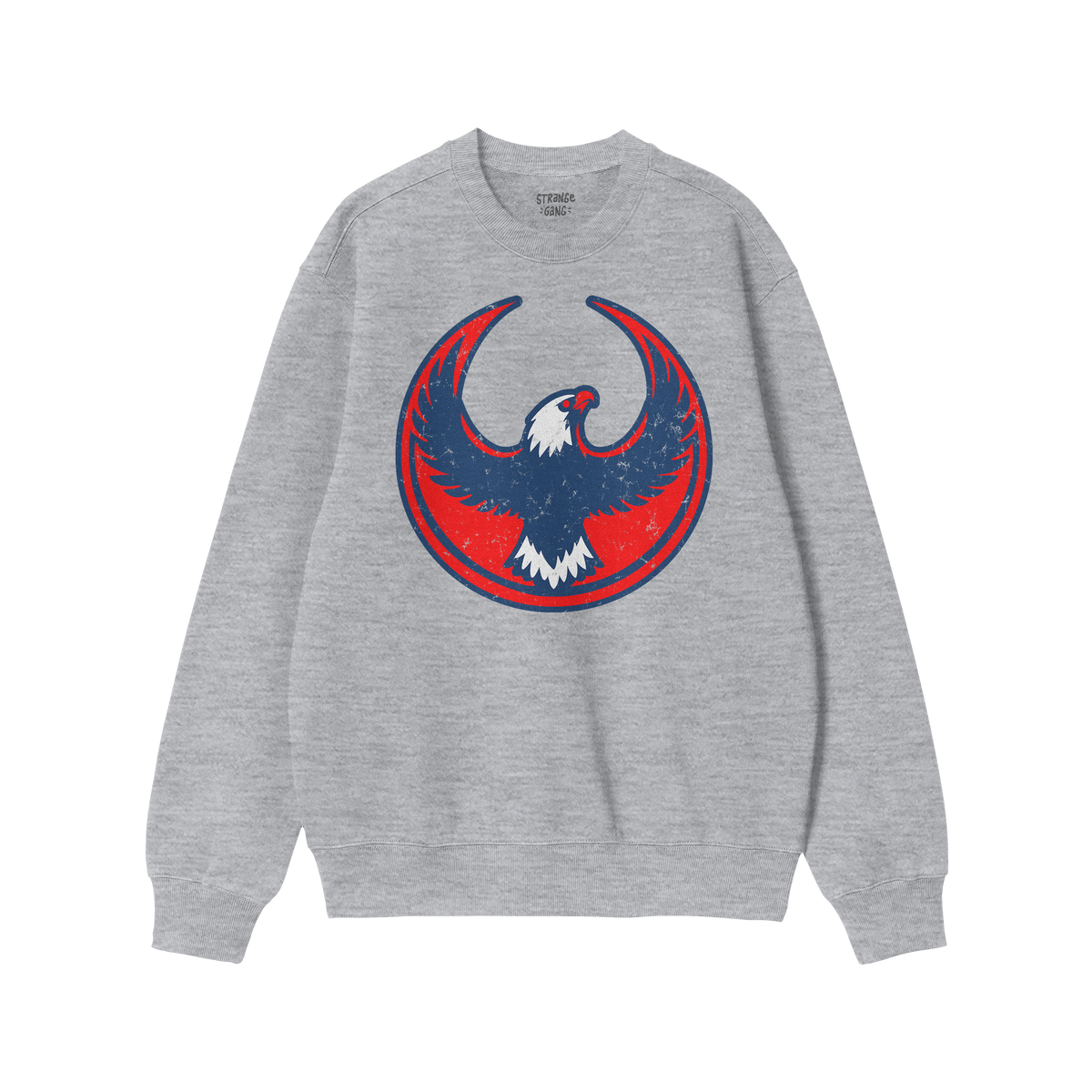Light-gray USA Rebel Alliance crewneck sweatshirt featuring a bold red, navy, and white circular eagle graphic, symbolizing d