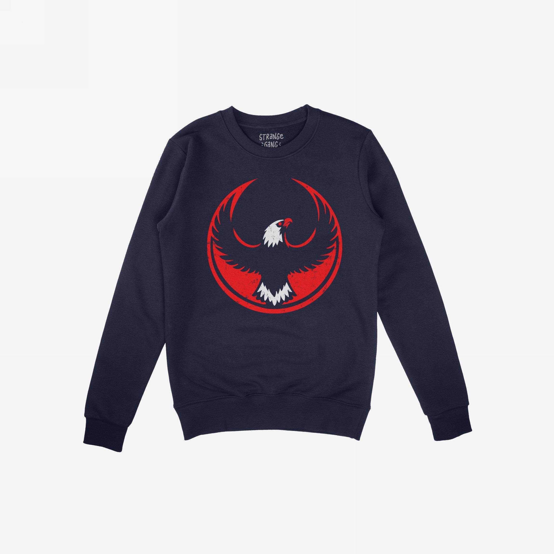 Navy blue USA Rebel Alliance sweatshirt featuring a bold, circular eagle emblem, symbolizing defiance and patriotism. Perfect for anti-fascist advocates and equality supporters.