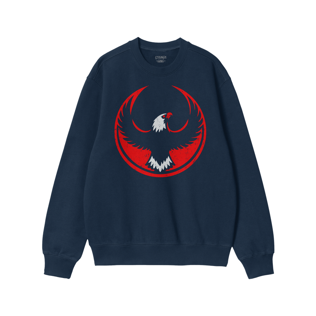 Navy blue USA Rebel Alliance sweatshirt featuring a bold, circular eagle emblem, symbolizing defiance and patriotism. Perfect