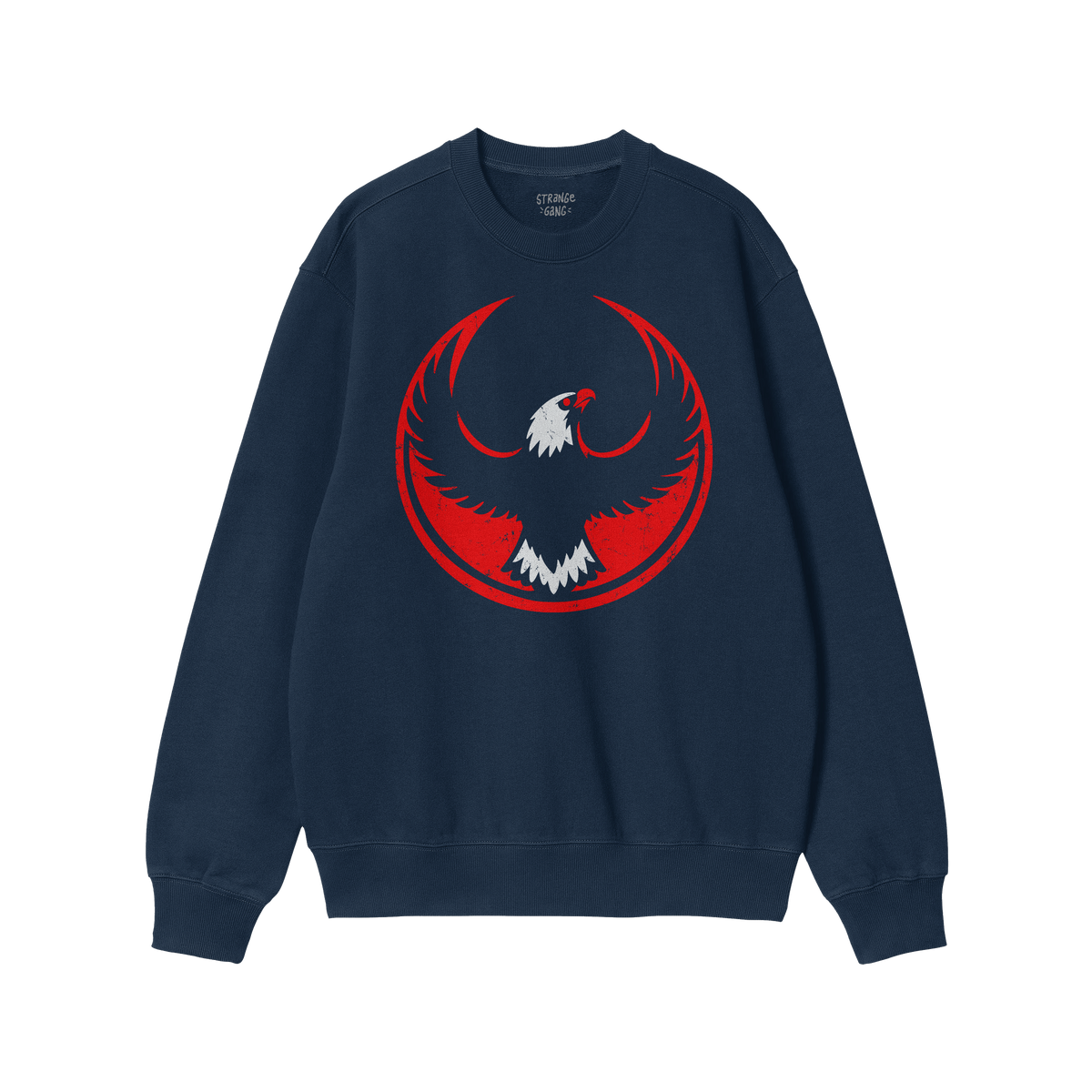 Navy blue USA Rebel Alliance sweatshirt featuring a bold, circular eagle emblem, symbolizing defiance and patriotism. Perfect