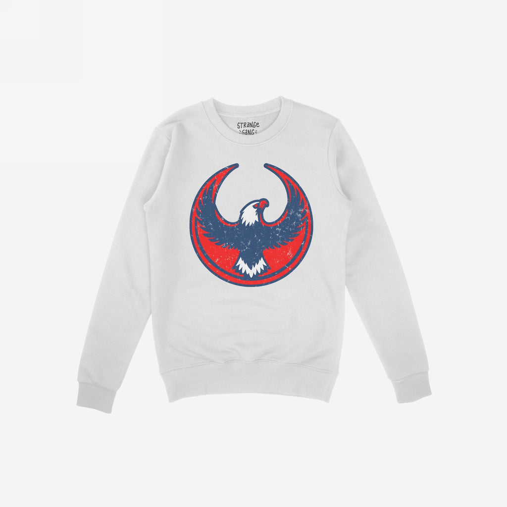 USA Rebel Alliance crewneck sweatshirt features a circular graphic with a stylized eagle in distressed navy and red. The design symbolizes defiant patriotism, perfect for those championing equality and justice.