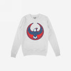USA Rebel Alliance crewneck sweatshirt features a circular graphic with a stylized eagle in distressed navy and red. The design symbolizes defiant patriotism, perfect for those championing equality and justice.