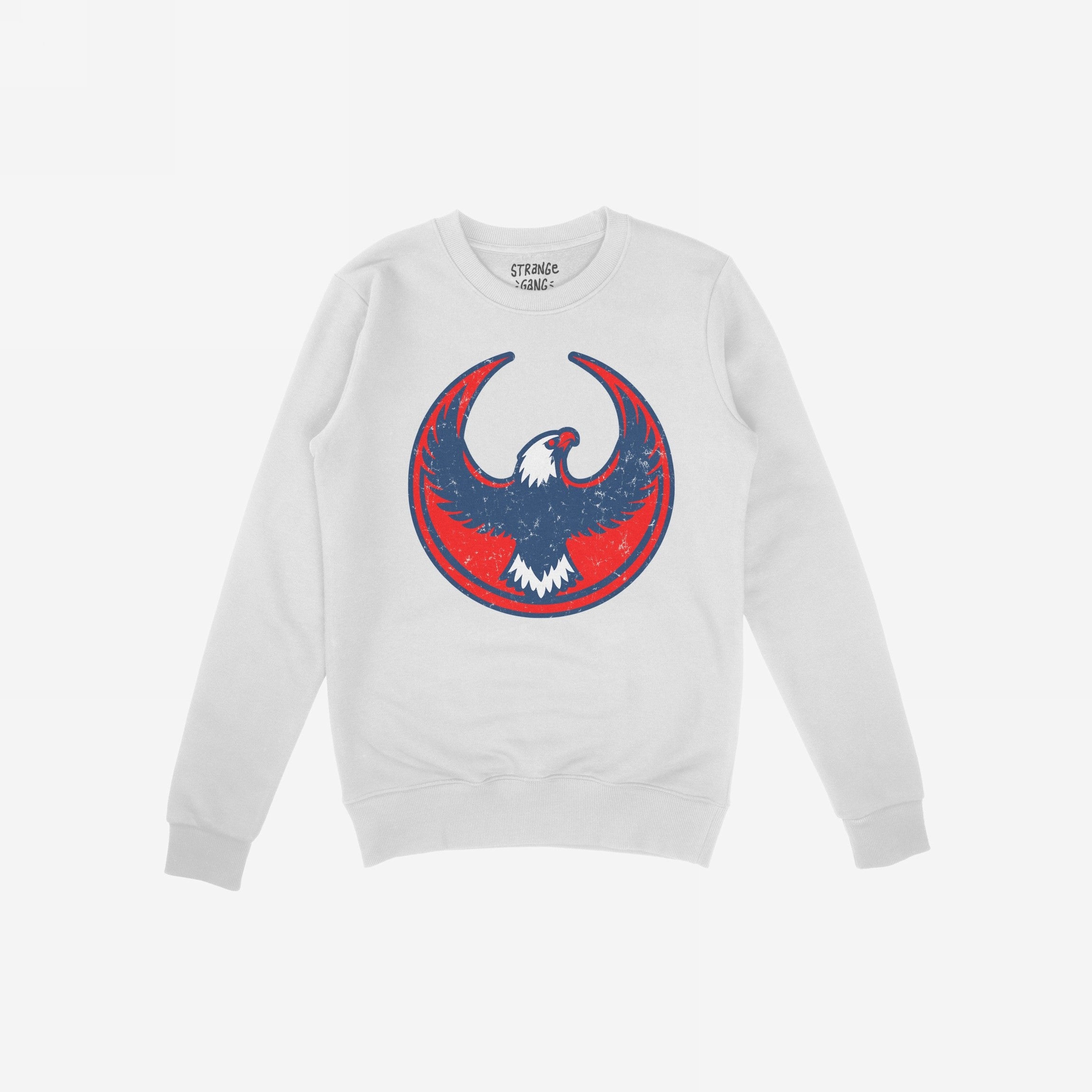 USA Rebel Alliance crewneck sweatshirt features a circular graphic with a stylized eagle in distressed navy and red. The design symbolizes defiant patriotism, perfect for those championing equality and justice.
