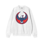 USA Rebel Alliance crewneck sweatshirt features a circular graphic with a stylized eagle in distressed navy and red. The desi
