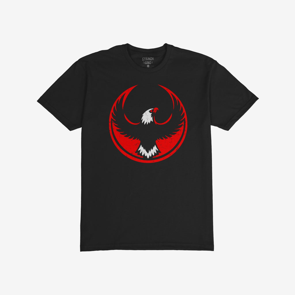 USA Rebel Alliance T-shirt featuring a bold eagle graphic against a red circle backdrop; embodies protest spirit and supports equality with its anti-fascist design.