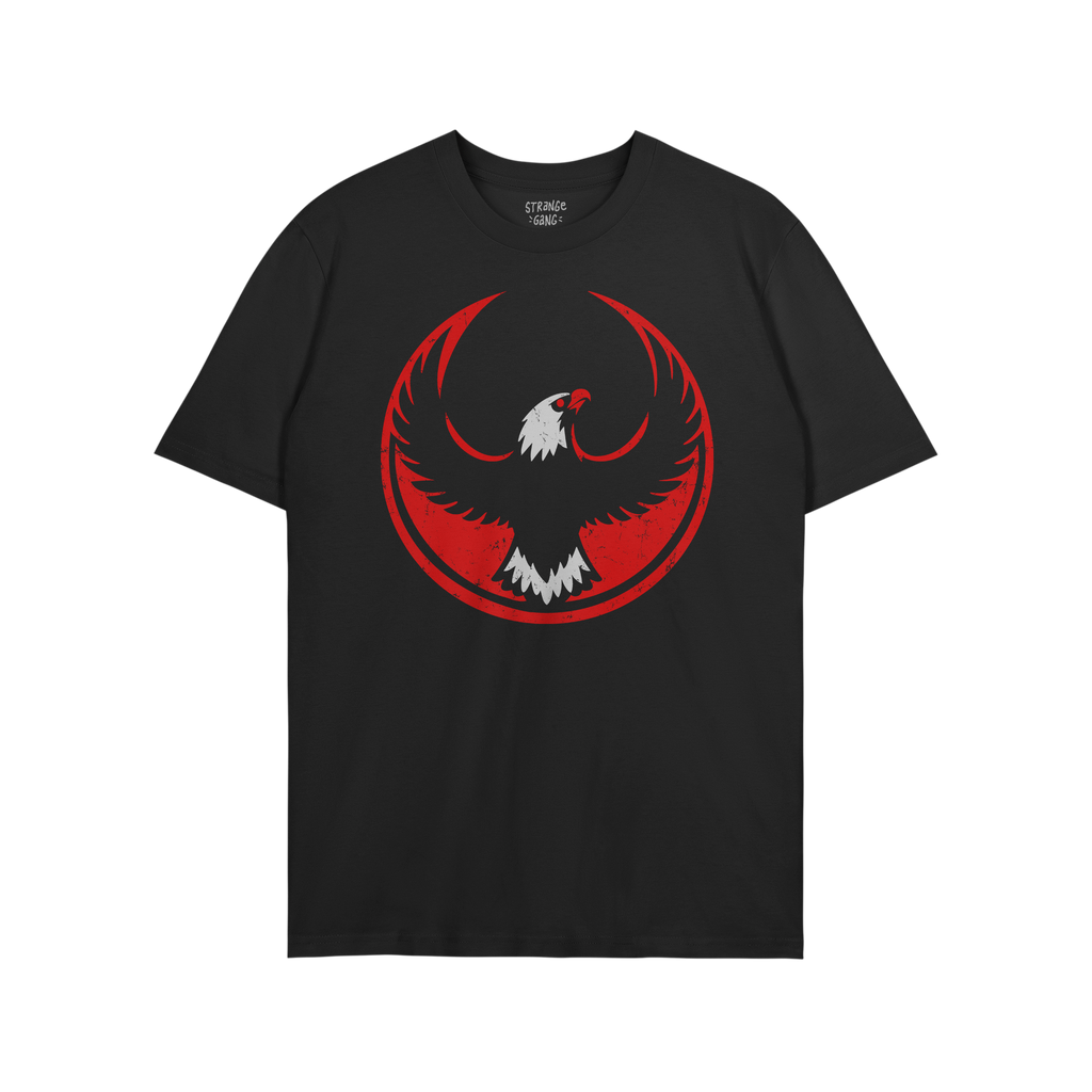 USA Rebel Alliance T-shirt featuring a bold eagle graphic against a red circle backdrop; embodies protest spirit and supports