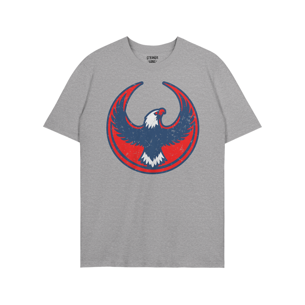 Heather-gray USA Rebel Alliance T-shirt featuring a distressed red and blue circular emblem with a stylized eagle, symbolizin