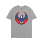Heather-gray USA Rebel Alliance T-shirt featuring a distressed red and blue circular emblem with a stylized eagle, symbolizin