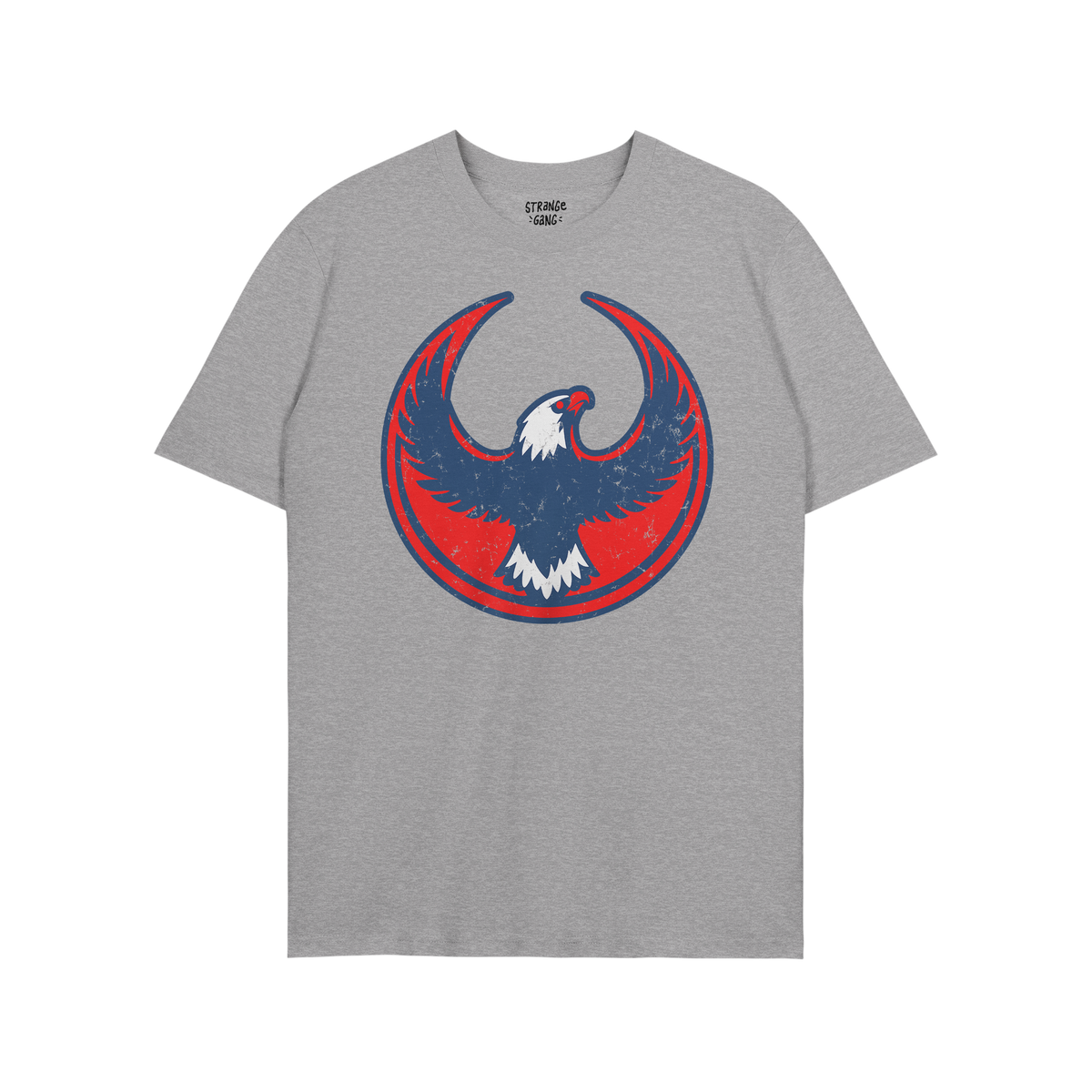 Heather-gray USA Rebel Alliance T-shirt featuring a distressed red and blue circular emblem with a stylized eagle, symbolizin