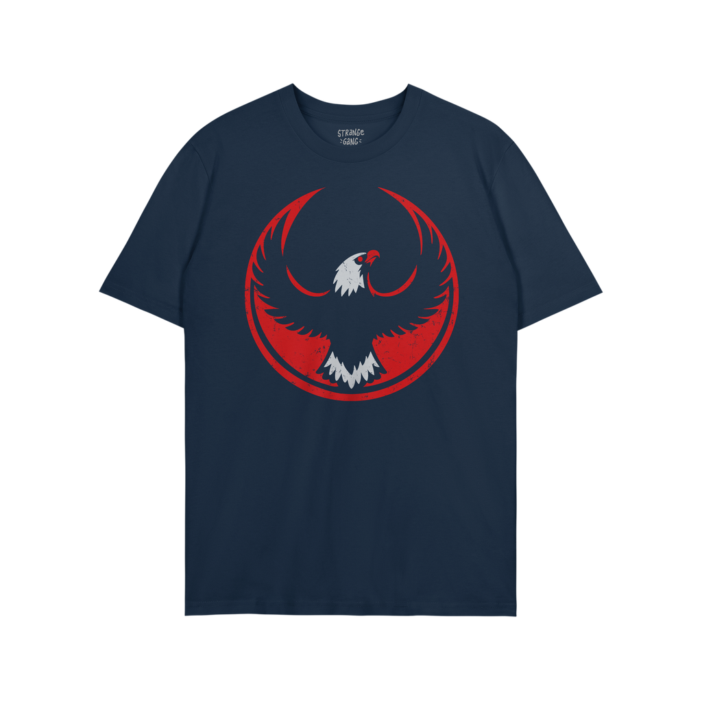 USA Rebel Alliance T-shirt features a bold red and white eagle emblem on dark-blue fabric, symbolizing defiance and equality.