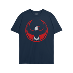 USA Rebel Alliance T-shirt features a bold red and white eagle emblem on dark-blue fabric, symbolizing defiance and equality.