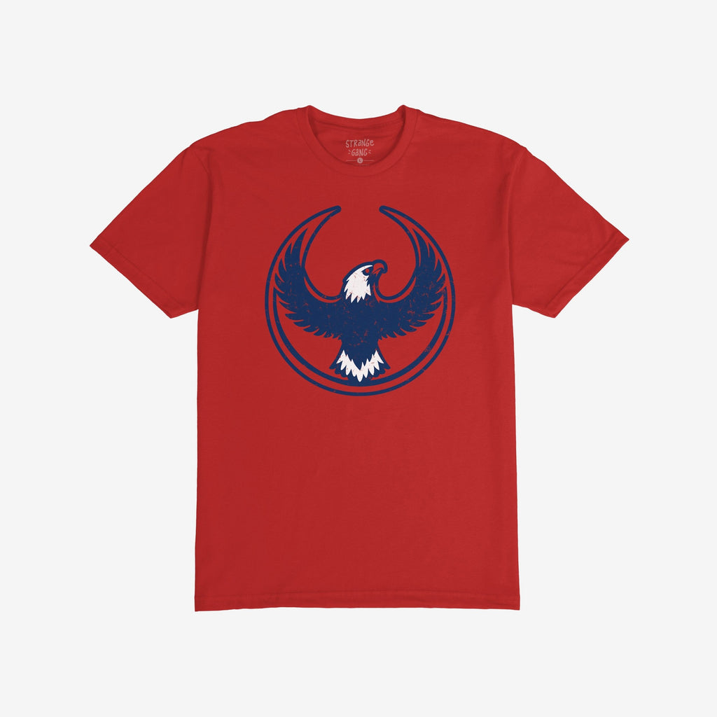 USA Rebel Alliance T-shirt showcasing a graphic of a stylized bald eagle in dark blue with white accents, symbolizing defiance and community solidarity. The design resonates with anti-fascist and equality themes.
