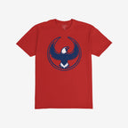USA Rebel Alliance T-shirt showcasing a graphic of a stylized bald eagle in dark blue with white accents, symbolizing defiance and community solidarity. The design resonates with anti-fascist and equality themes.
