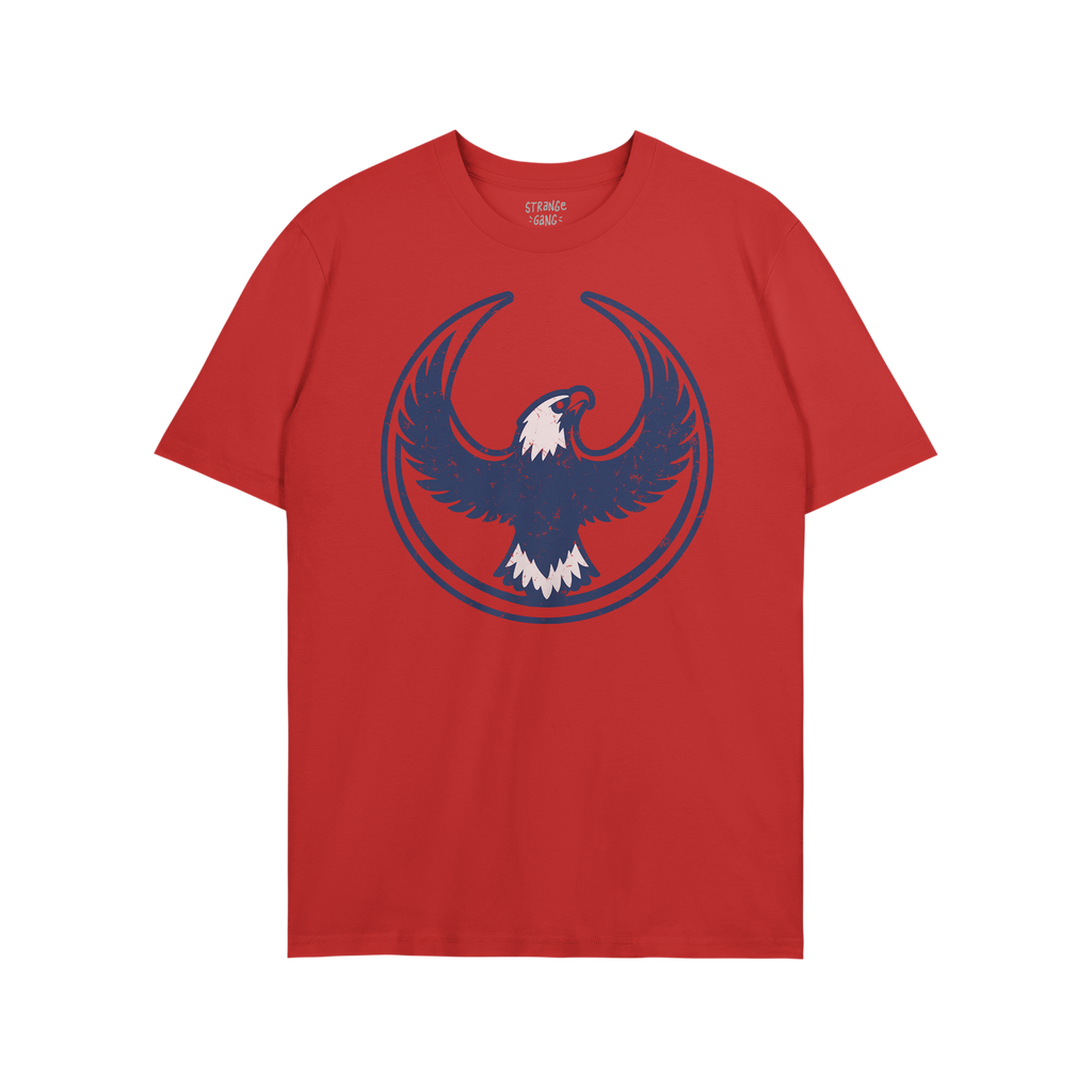 USA Rebel Alliance T-shirt showcasing a graphic of a stylized bald eagle in dark blue with white accents, symbolizing defianc
