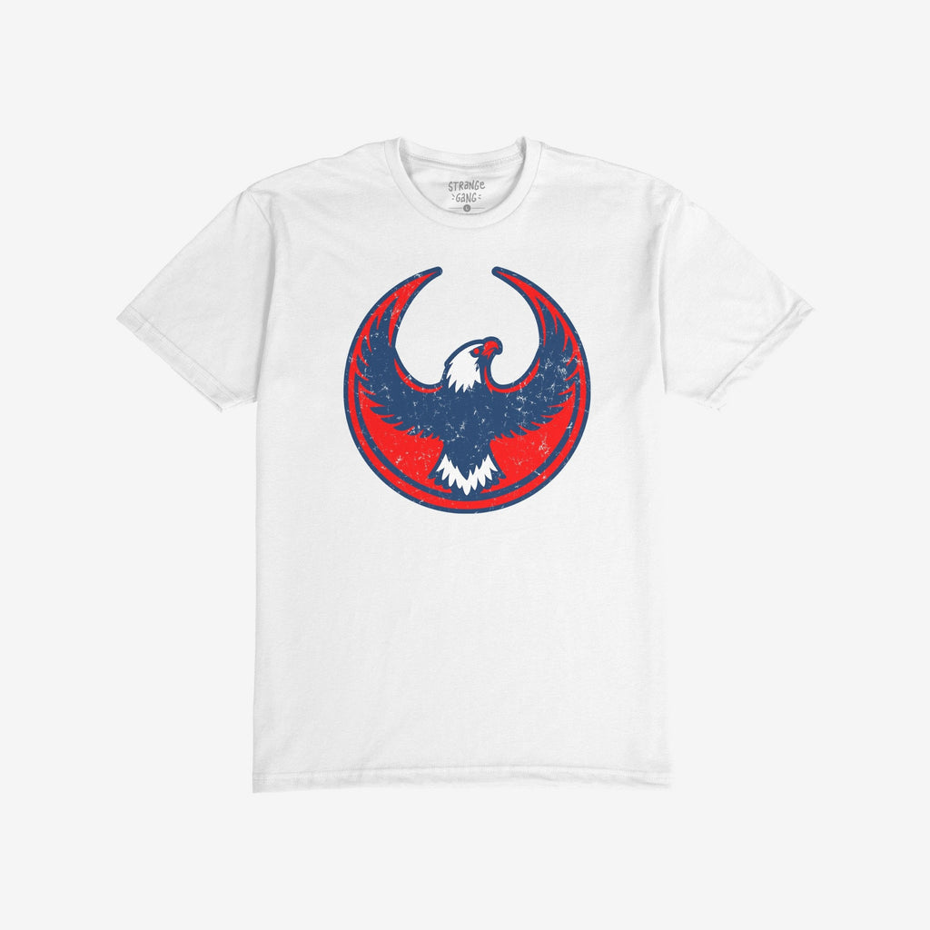 USA Rebel Alliance T-shirt featuring a distressed eagle graphic in red and navy. The eagle's wings are outstretched within a circular border, embodying anti-fascist sentiment and community defense.
