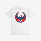 USA Rebel Alliance T-shirt featuring a distressed eagle graphic in red and navy. The eagle's wings are outstretched within a circular border, embodying anti-fascist sentiment and community defense.