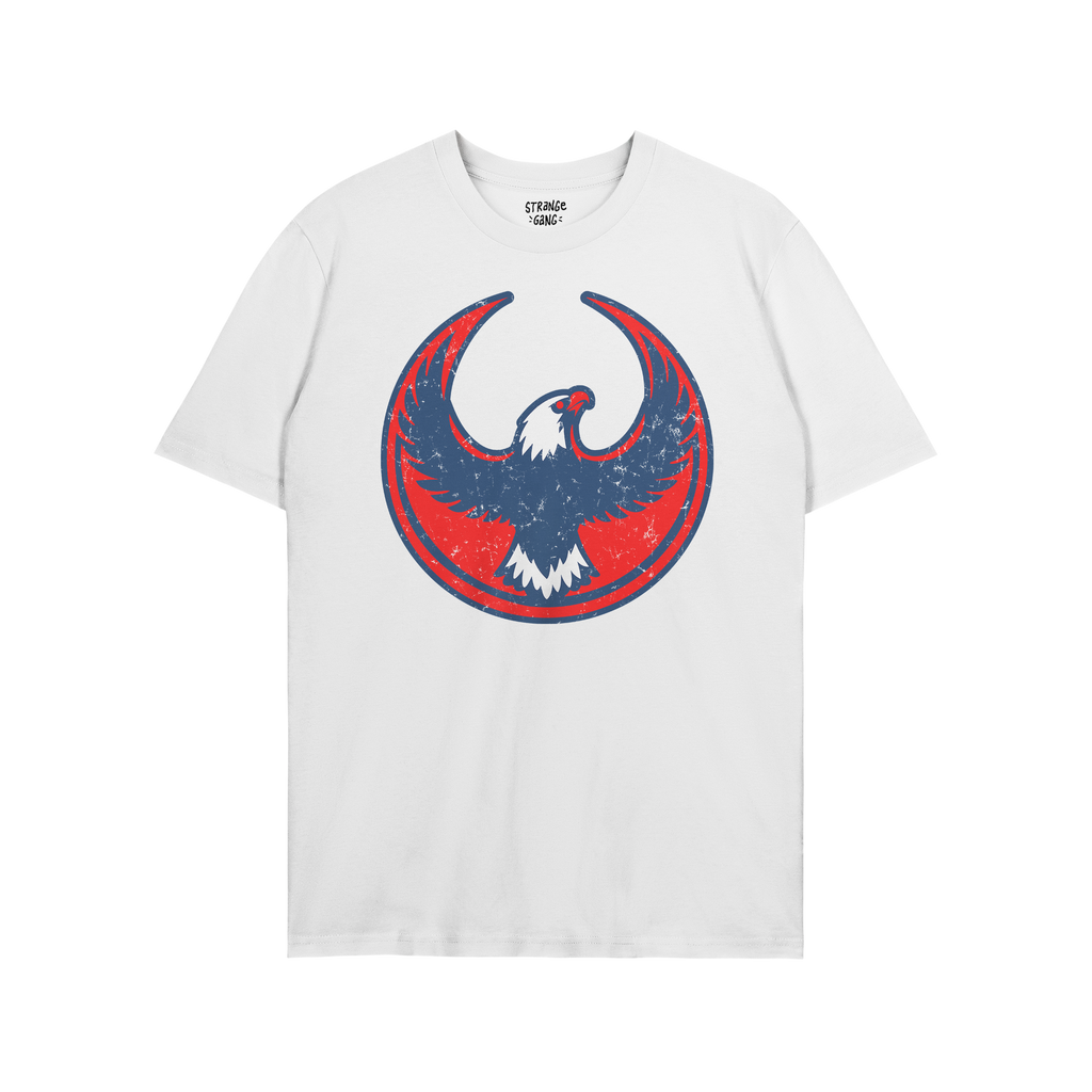 USA Rebel Alliance T-shirt featuring a distressed eagle graphic in red and navy. The eagle's wings are outstretched within a 
