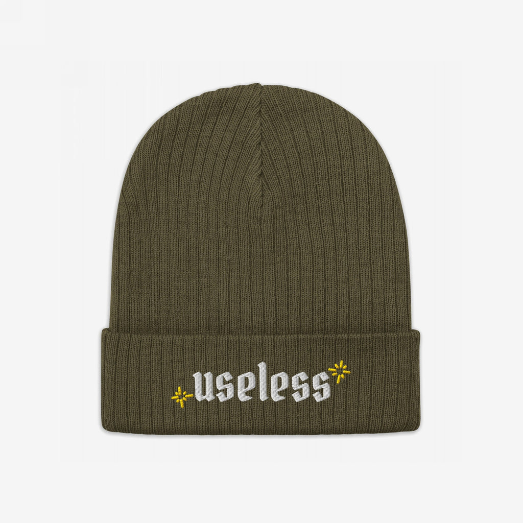 Rib-knit olive-green Useless Hat with white embroidery on the cuff, featuring yellow starburst motifs. This beanie embodies a relaxed vibe, encouraging rest and mindfulness over relentless productivity.