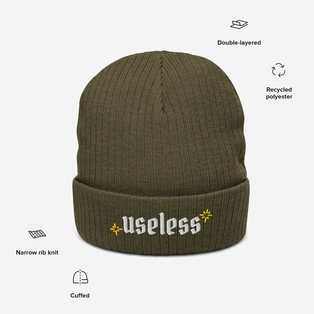 Useless Hat: Olive green beanie with useless in Old English embroidery, flanked by yellow starbursts on the cuff. Made from recycled polyester, featuring a cuffed, double-layered, narrow-rib knit design.