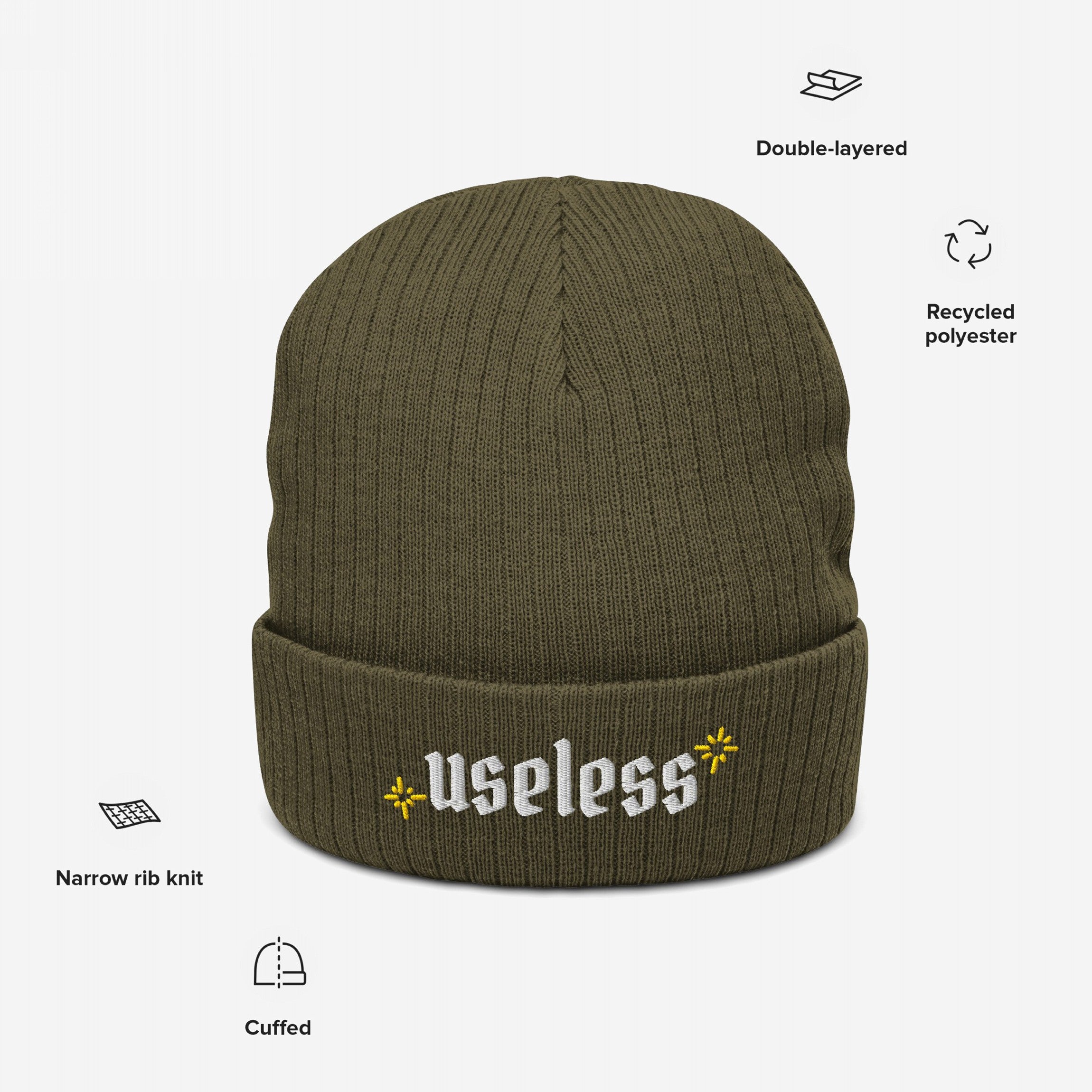 Useless Hat: Olive green beanie with useless in Old English embroidery, flanked by yellow starbursts on the cuff. Made from recycled polyester, featuring a cuffed, double-layered, narrow-rib knit design.