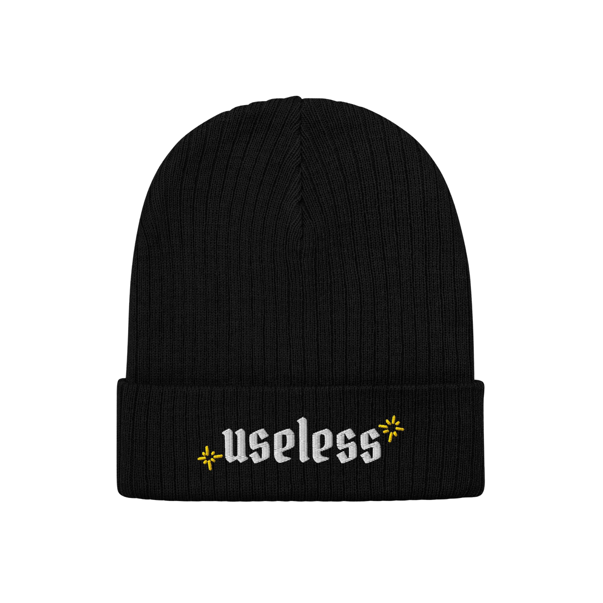 Black rib-knit beanie, labeled Useless in white Old English letters, flanked by yellow starbursts; embodies relaxation and re