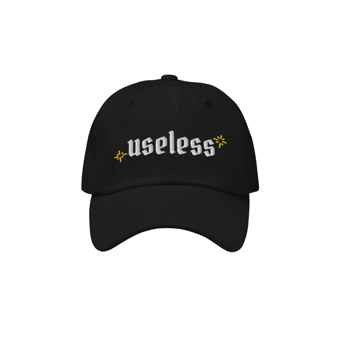 Black Useless Hat with “useless” in white embroidery and yellow star accents, symbolizing rest and reflection. Available 