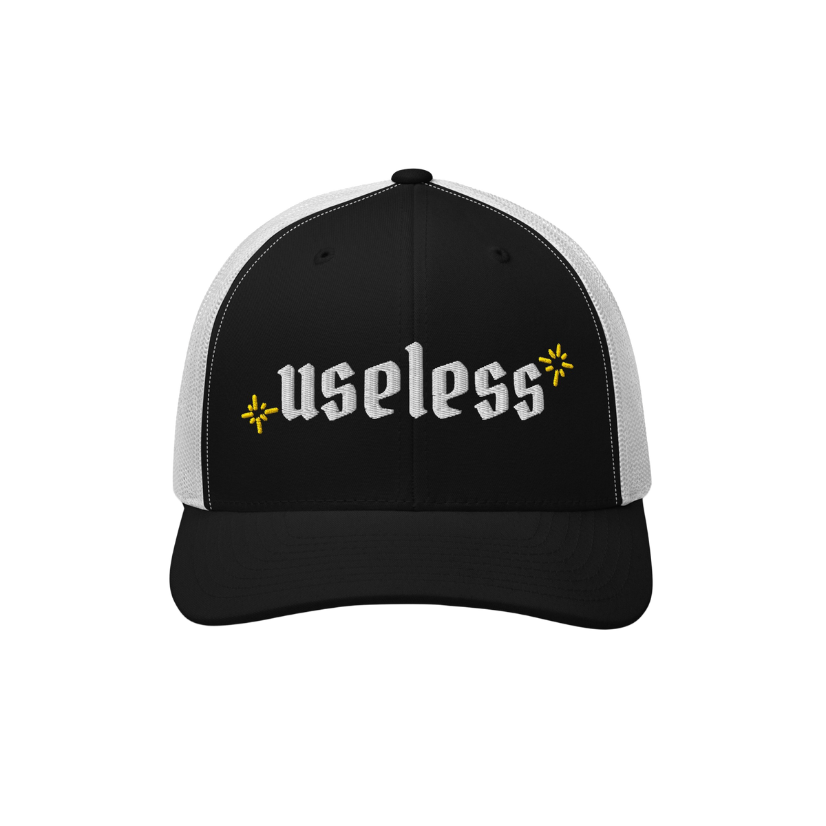 The Useless Hat, a two-tone trucker cap, features useless in bold Old English font on black fabric, flanked by yellow starbur