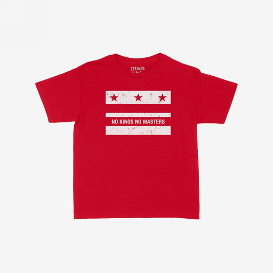 Washington DC No Kings Flag Women's Baby Tee features a bold, distressed graphic with stars and the slogan NO KINGS NO MASTERS, embodying a rebellious stance against hierarchy and control.