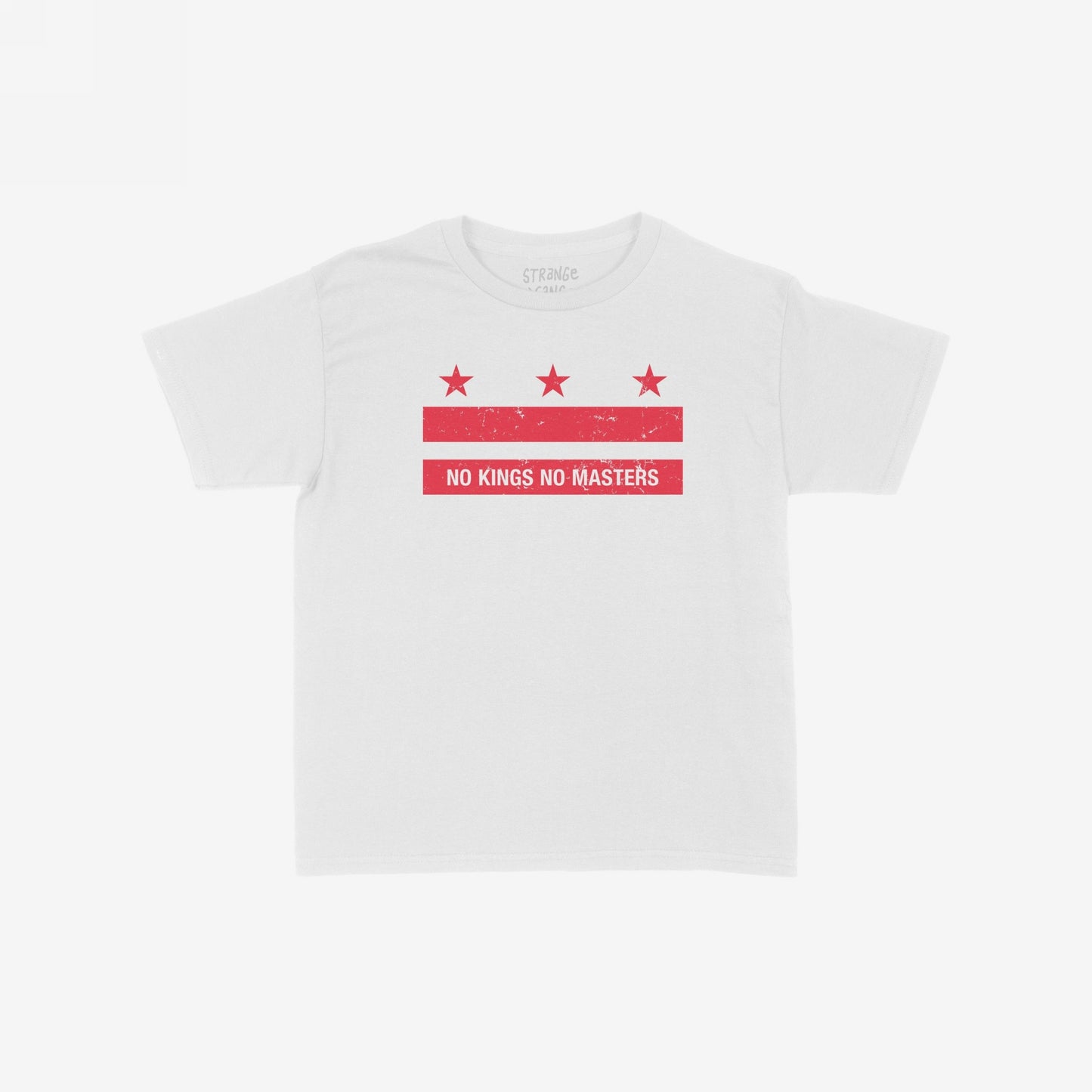 Washington DC No Kings Flag Women's Baby Tee features a distressed red graphic of stars and bars with the slogan “NO KINGS NO MASTERS,” embodying anti-hierarchical protest and empowerment.