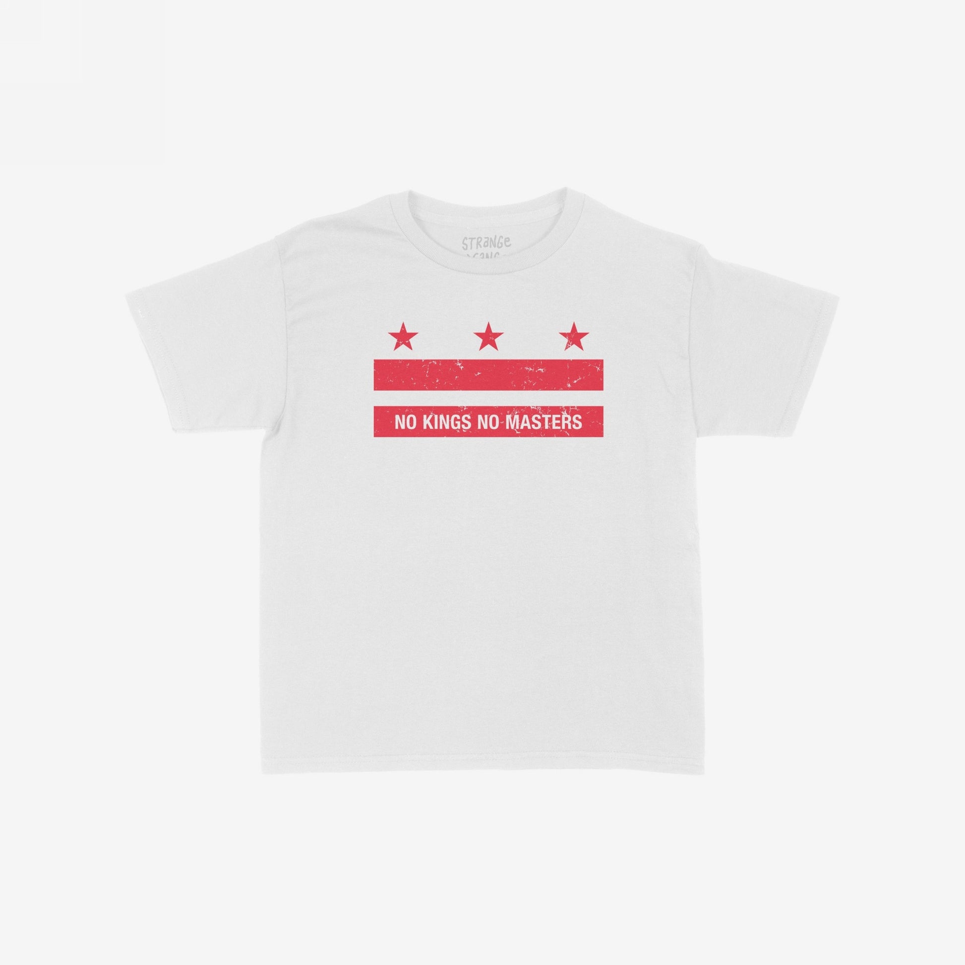 Washington DC No Kings Flag Women's Baby Tee features a distressed red graphic of stars and bars with the slogan “NO KINGS NO MASTERS,” embodying anti-hierarchical protest and empowerment.