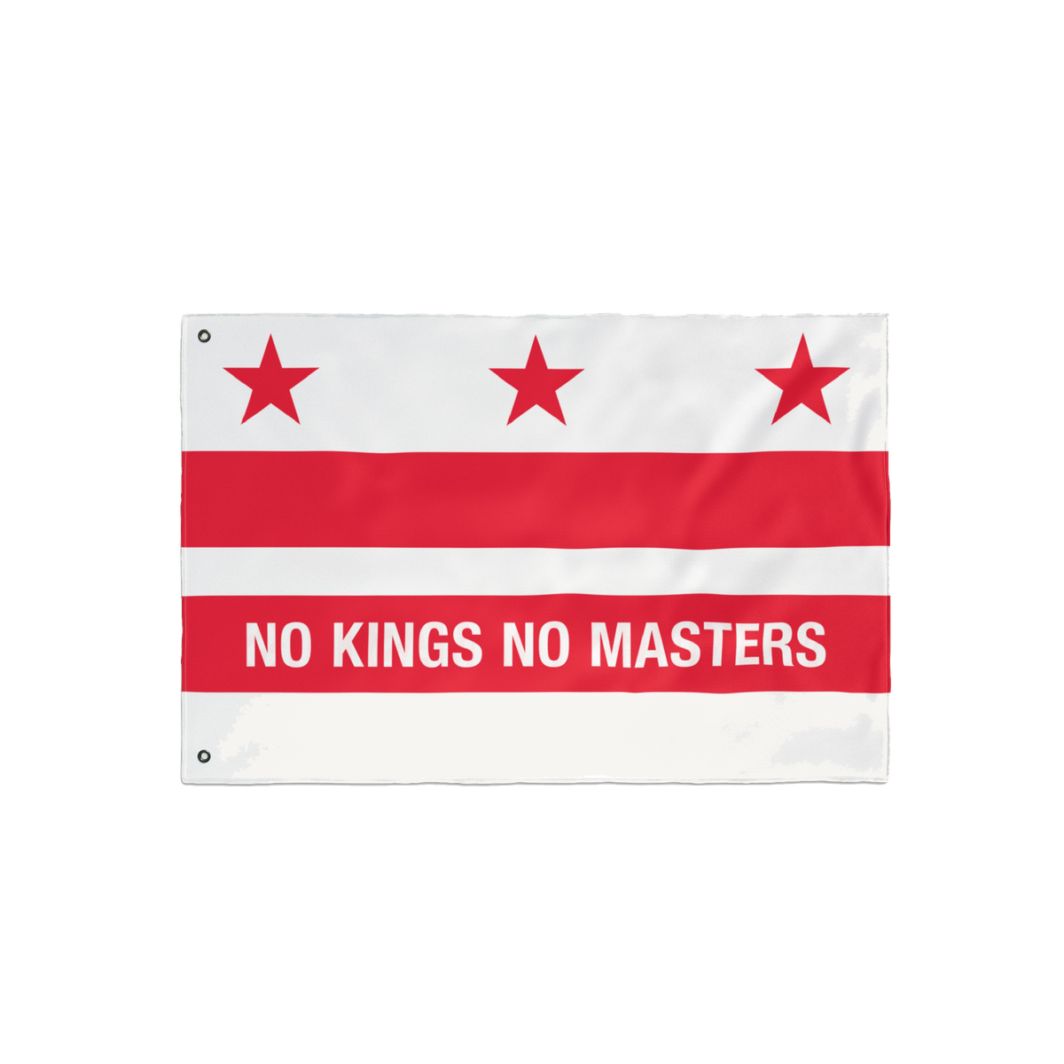 Washington DC No Kings Flag featuring alternating stripes, three stars, and bold slogan NO KINGS NO MASTERS, symbolizing resi