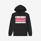 Black pullover hoodie featuring Washington DC No Kings Flag Shirt design with distressed red stars and stripes, and “NO KINGS NO MASTERS” slogan, symbolizing resistance and anti-authoritarian sentiment.