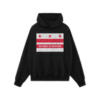 Black pullover hoodie featuring Washington DC No Kings Flag Shirt design with distressed red stars and stripes, and “NO KIN