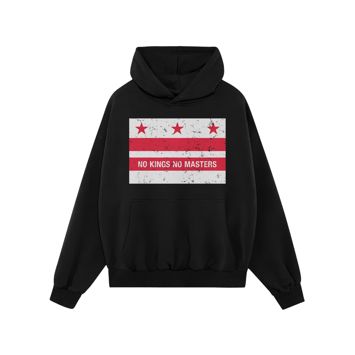 Black pullover hoodie featuring Washington DC No Kings Flag Shirt design with distressed red stars and stripes, and “NO KIN