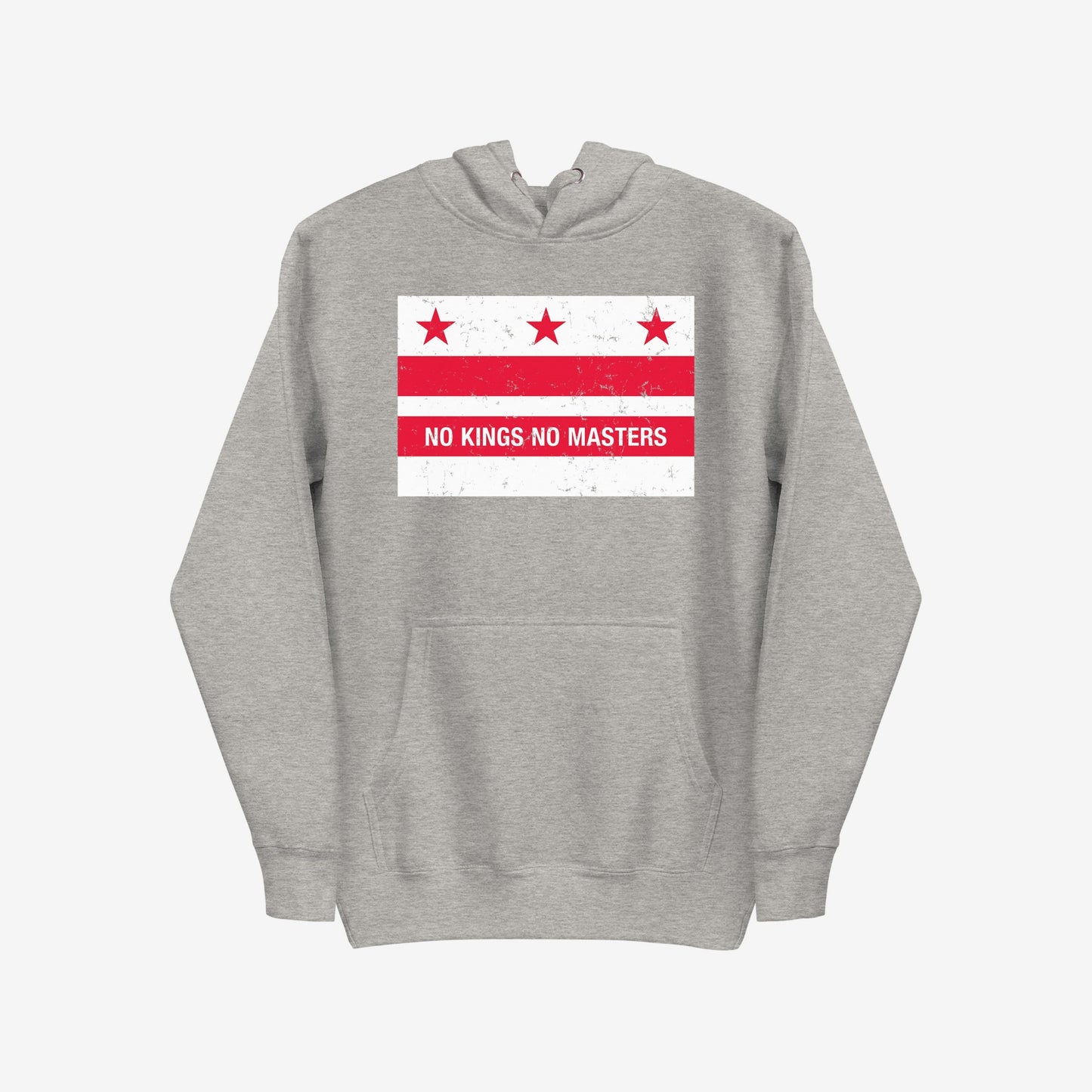 Washington DC No Kings Flag Hoodie features a light-gray pullover design with a distressed red-and-white graphic, symbolizing resistance with the slogan “NO KINGS NO MASTERS” on the chest.