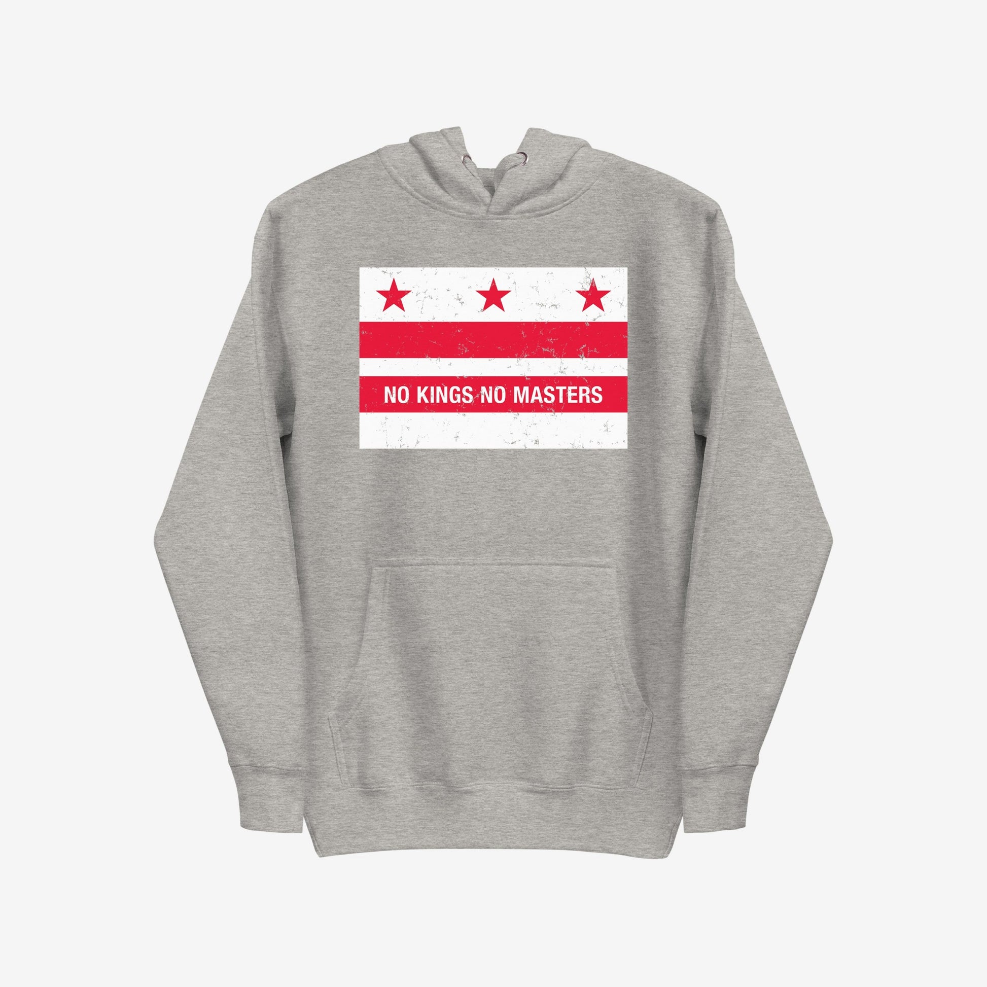 Washington DC No Kings Flag Hoodie features a light-gray pullover design with a distressed red-and-white graphic, symbolizing resistance with the slogan “NO KINGS NO MASTERS” on the chest.