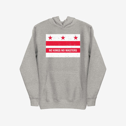 Washington DC No Kings Flag Hoodie features a light-gray pullover design with a distressed red-and-white graphic, symbolizing resistance with the slogan “NO KINGS NO MASTERS” on the chest.