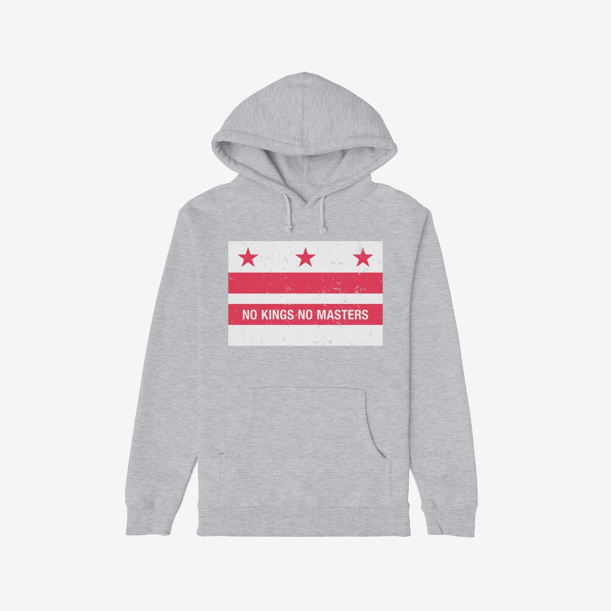 Light-gray hoodie featuring the Washington DC No Kings Flag Shirt design, with three red stars above two bars and the slogan “NO KINGS NO MASTERS” in a distressed style, embodying anti-authoritarian spirit.