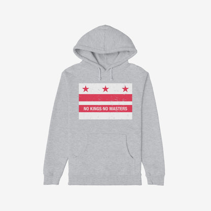 Light-gray hoodie featuring the Washington DC No Kings Flag Shirt design, with three red stars above two bars and the slogan “NO KINGS NO MASTERS” in a distressed style, embodying anti-authoritarian spirit.