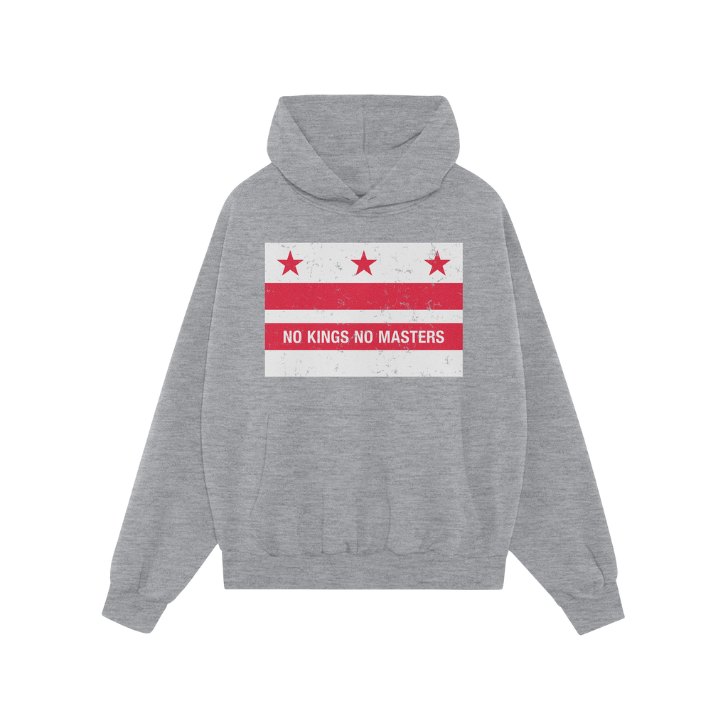 Light-gray hoodie featuring the Washington DC No Kings Flag Shirt design, with three red stars above two bars and the slogan 
