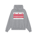 Light-gray hoodie featuring the Washington DC No Kings Flag Shirt design, with three red stars above two bars and the slogan 