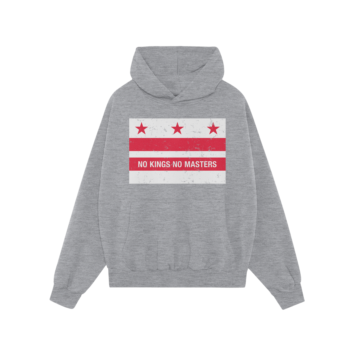 Light-gray hoodie featuring the Washington DC No Kings Flag Shirt design, with three red stars above two bars and the slogan 