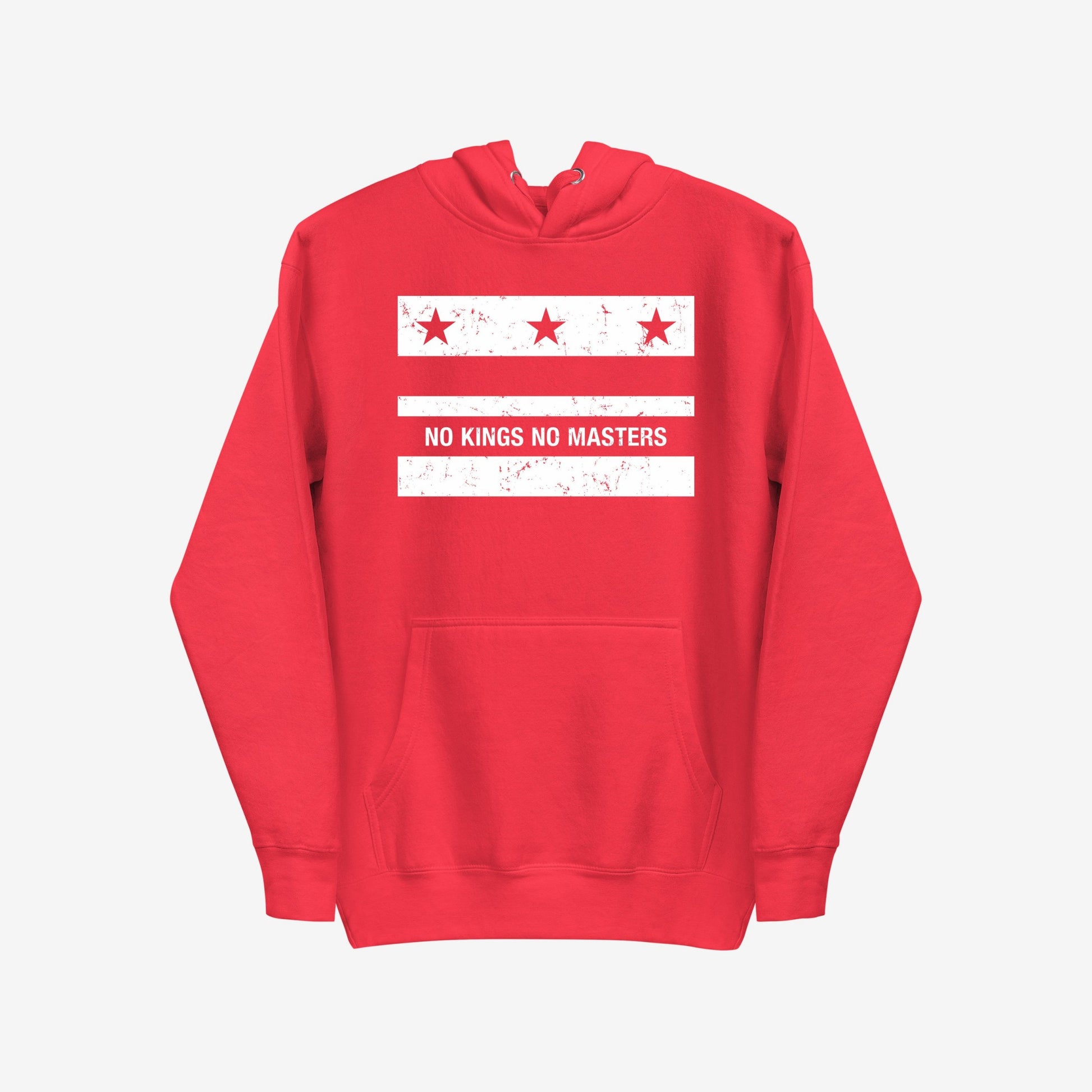 Washington DC No Kings Flag Hoodie features a bold, distressed white graphic with stars, stripes, and NO KINGS NO MASTERS slogan, symbolizing defiance. Includes kangaroo pocket and drawstring hood.