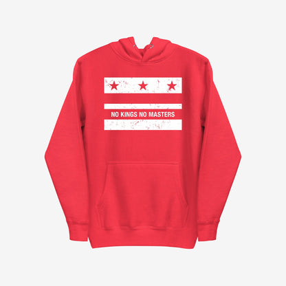 Washington DC No Kings Flag Hoodie features a bold, distressed white graphic with stars, stripes, and NO KINGS NO MASTERS slogan, symbolizing defiance. Includes kangaroo pocket and drawstring hood.