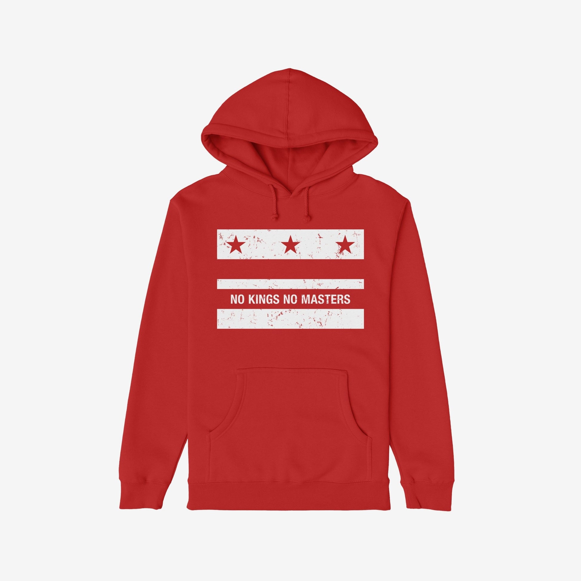Red pullover hoodie titled Washington DC No Kings Flag Shirt, featuring a distressed white graphic with stars and bars, promoting anti-authoritarian values. Includes front kangaroo pocket and drawstring hood.