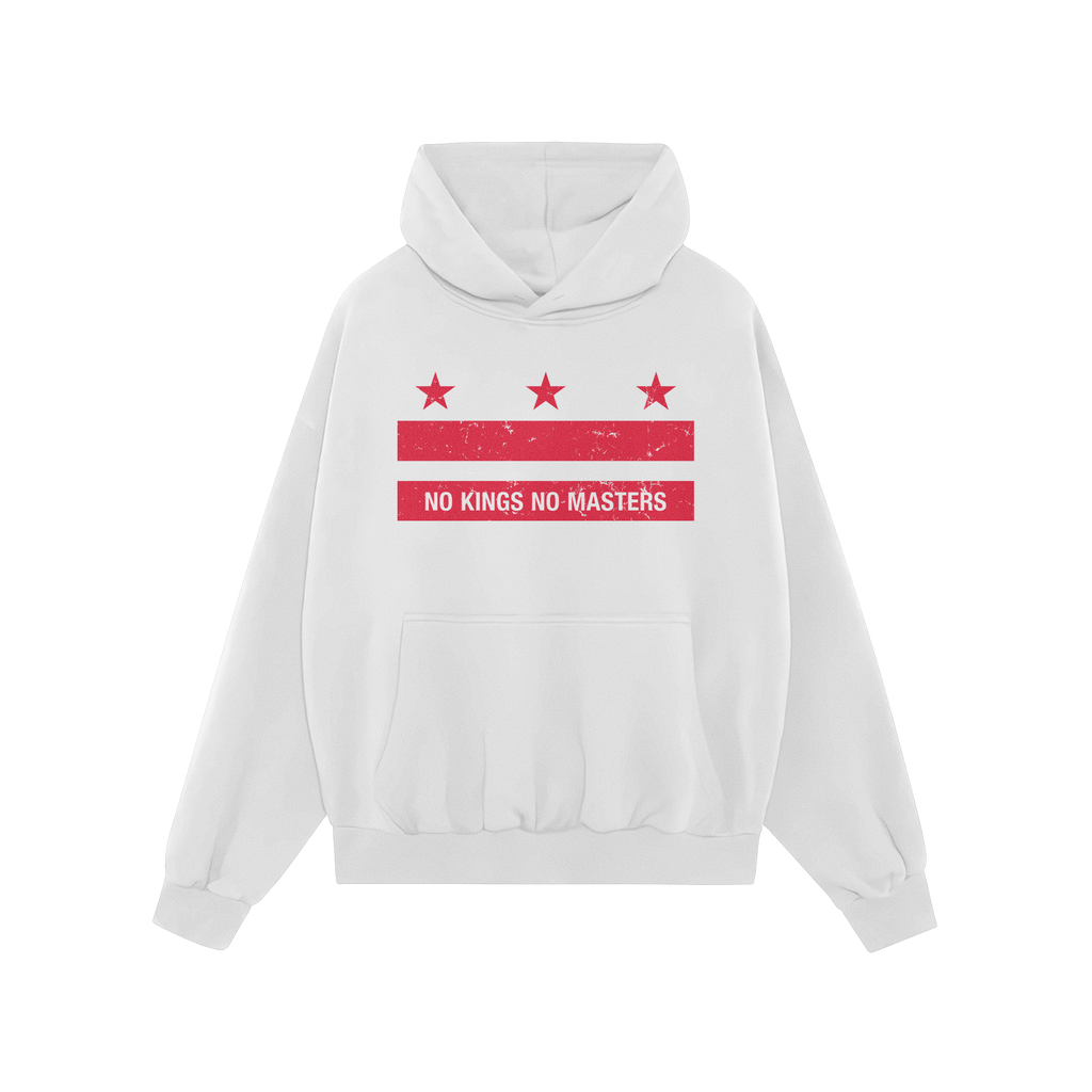 Red pullover hoodie titled Washington DC No Kings Flag Shirt, featuring a distressed white graphic with stars and bars, promo